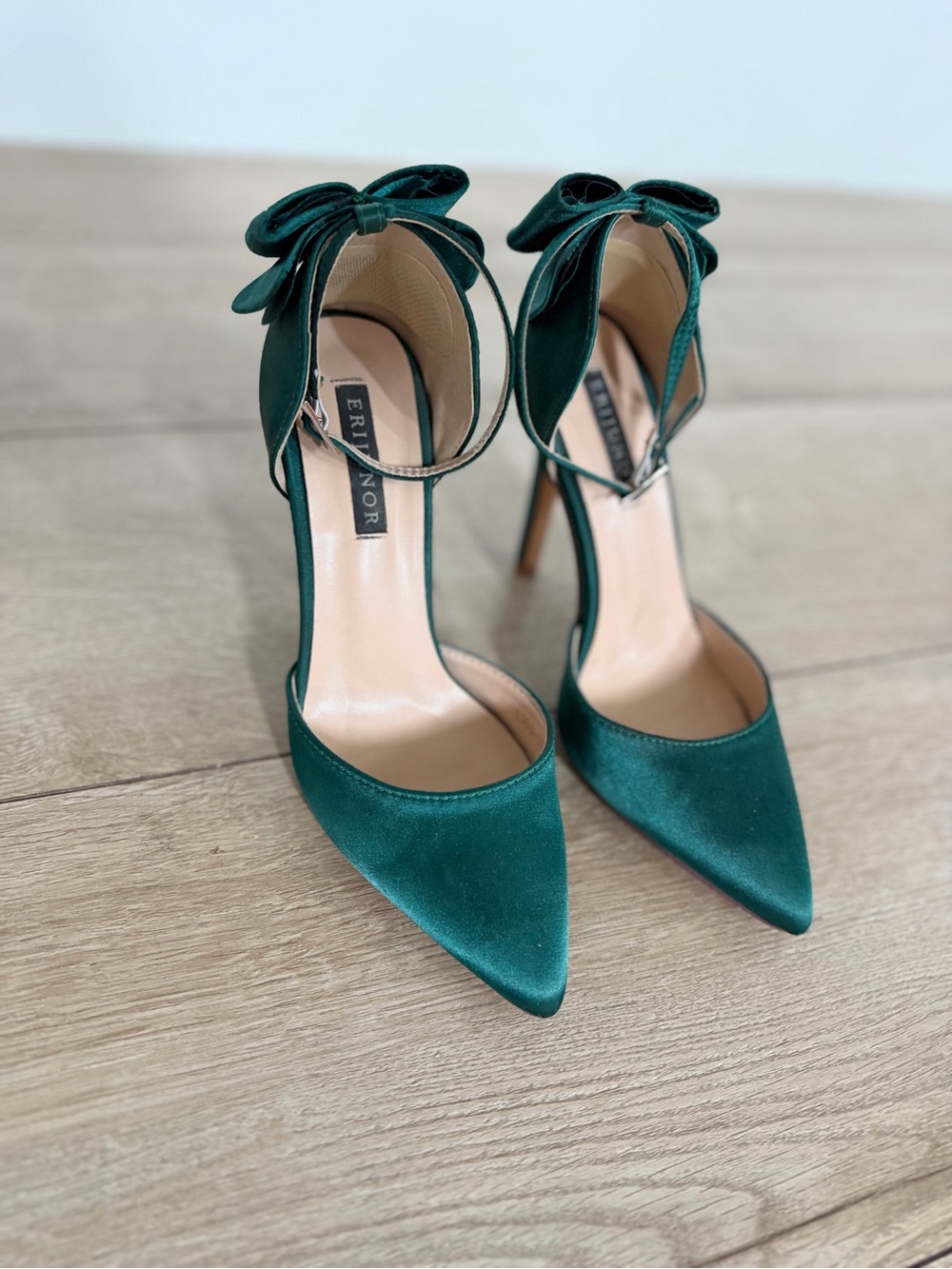ERIN NÓR Forest Green Satin Pointed-Toe Stiletto Heels with Ankle Bow